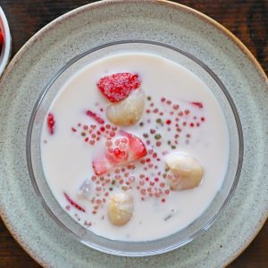 Lychee & Strawberry Sago with Coconut Jelly (Chè Vải Dâu Tây Thạch Dừa)